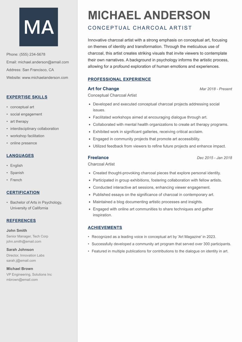 Charcoal Artist resume template — Creative Minimal