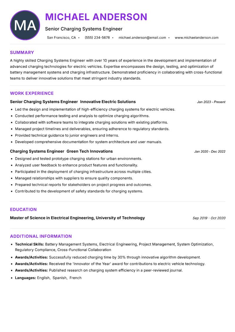 Charging Systems Engineer resume example — ATS-friendly template