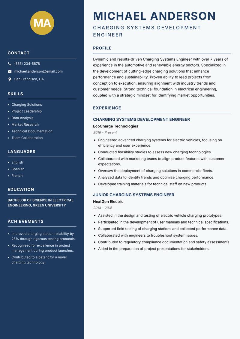 Charging Systems Engineer resume template — Classic Clean
