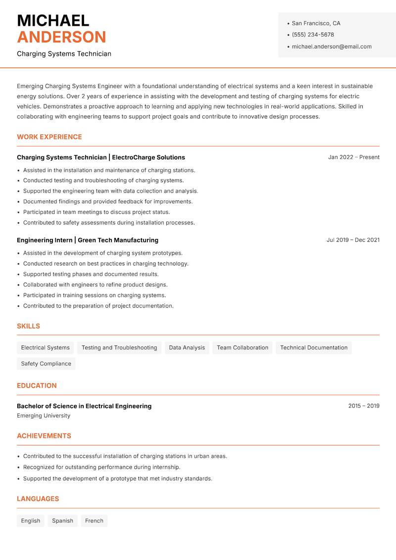 Charging Systems Engineer resume template — Modern Professional