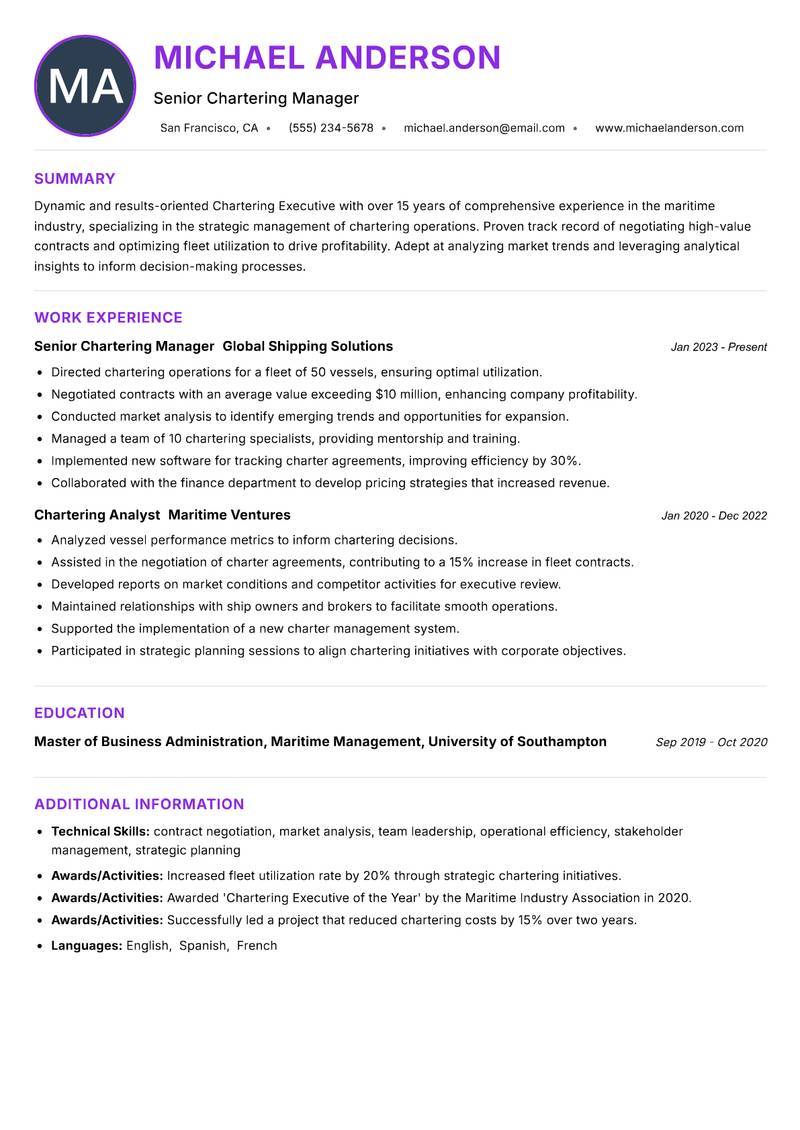 Chartering Executive resume example — ATS-friendly template