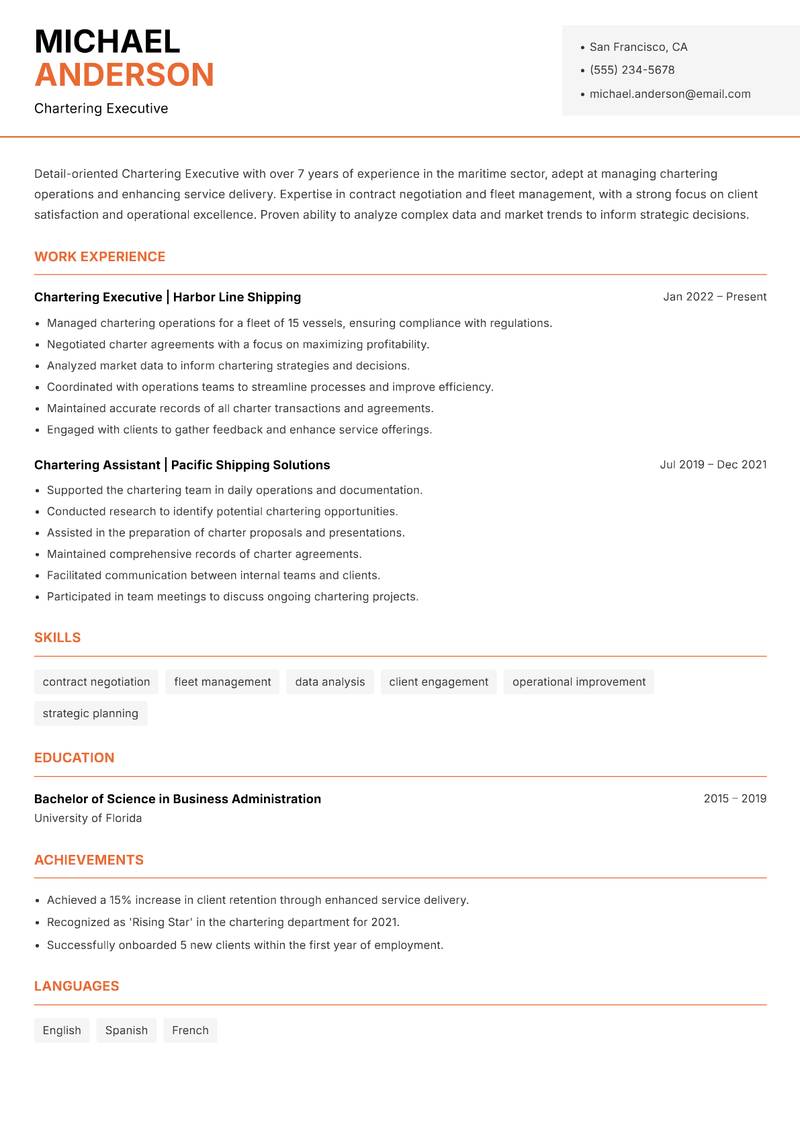 Chartering Executive resume template — Modern Professional