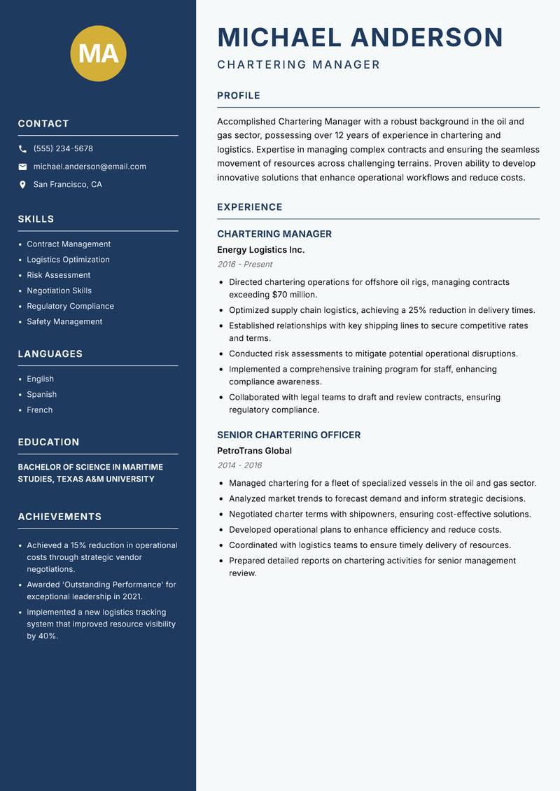 Chartering Manager resume template — Classic Clean