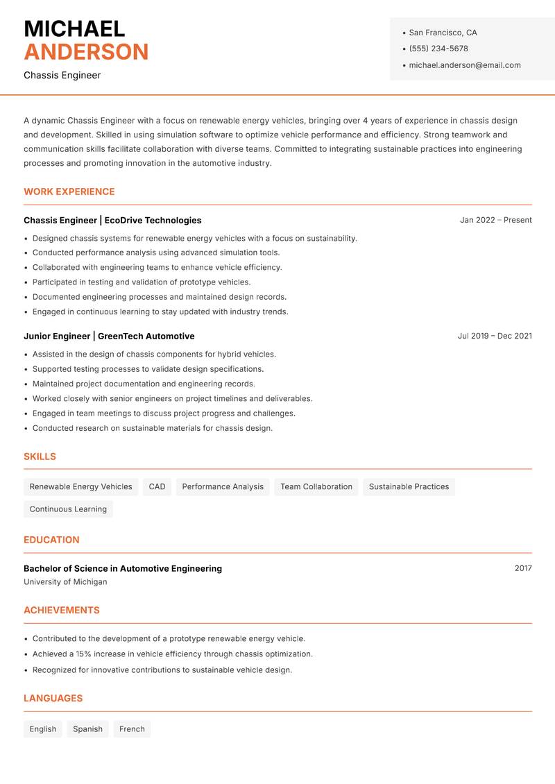 Chassis Engineer resume template — Modern Professional