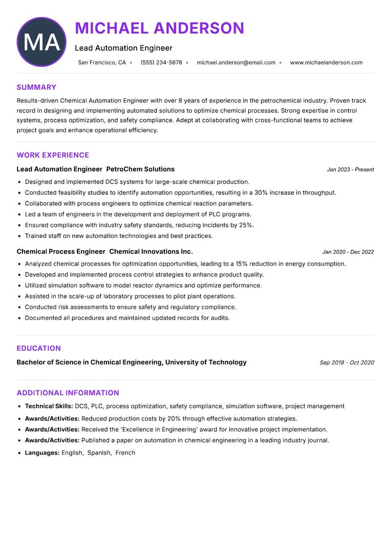 Chemical Automation Engineer resume example — ATS-friendly template