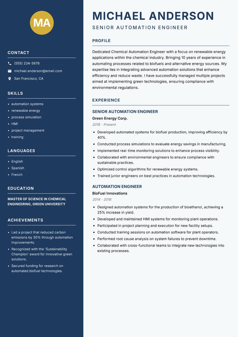 Chemical Automation Engineer resume template — Classic Clean