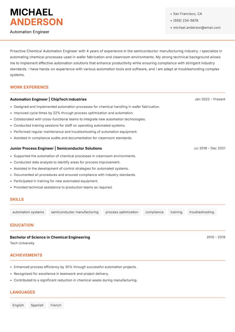 Chemical Automation Engineer resume template — Modern Professional