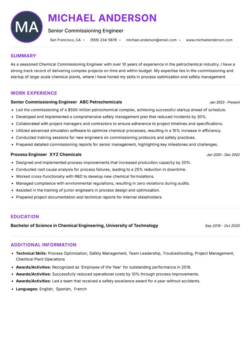 Chemical Commissioning Engineer resume example — ATS-friendly template