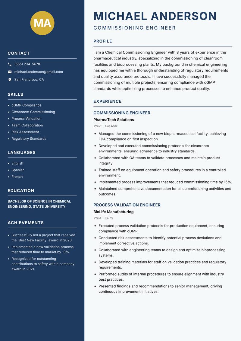 Chemical Commissioning Engineer resume template — Classic Clean