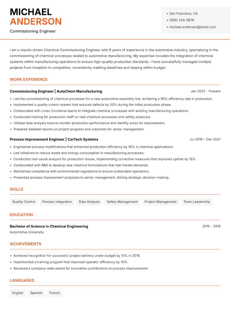 Chemical Commissioning Engineer resume template — Modern Professional