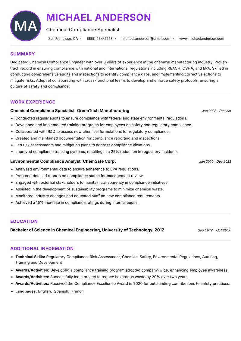 Chemical Compliance Engineer resume example — ATS-friendly template