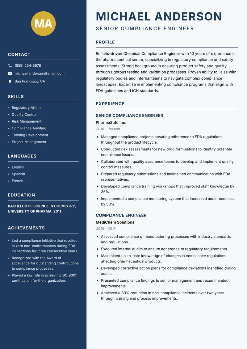 Chemical Compliance Engineer resume template — Classic Clean