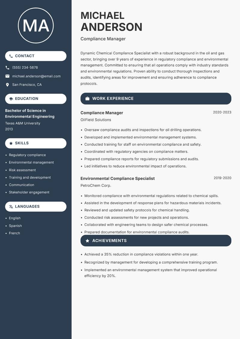 Chemical Compliance Specialist resume template — Compact
