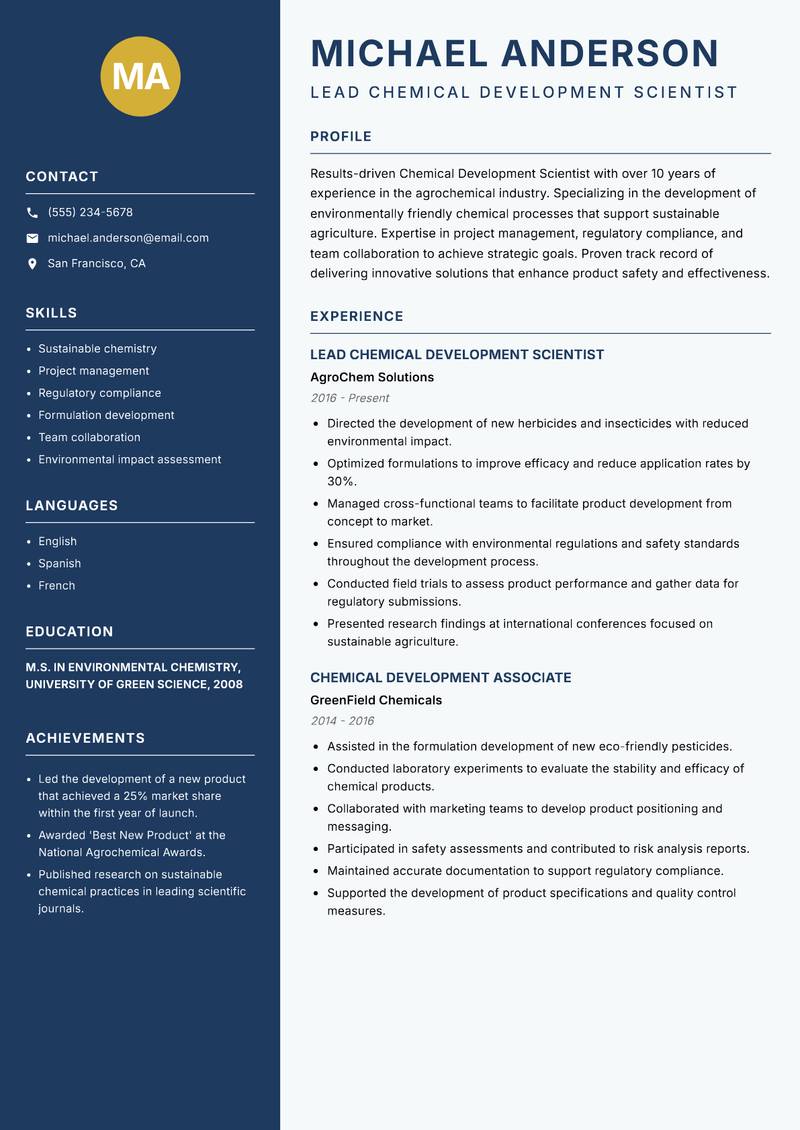 Chemical Development Scientist resume template — Classic Clean
