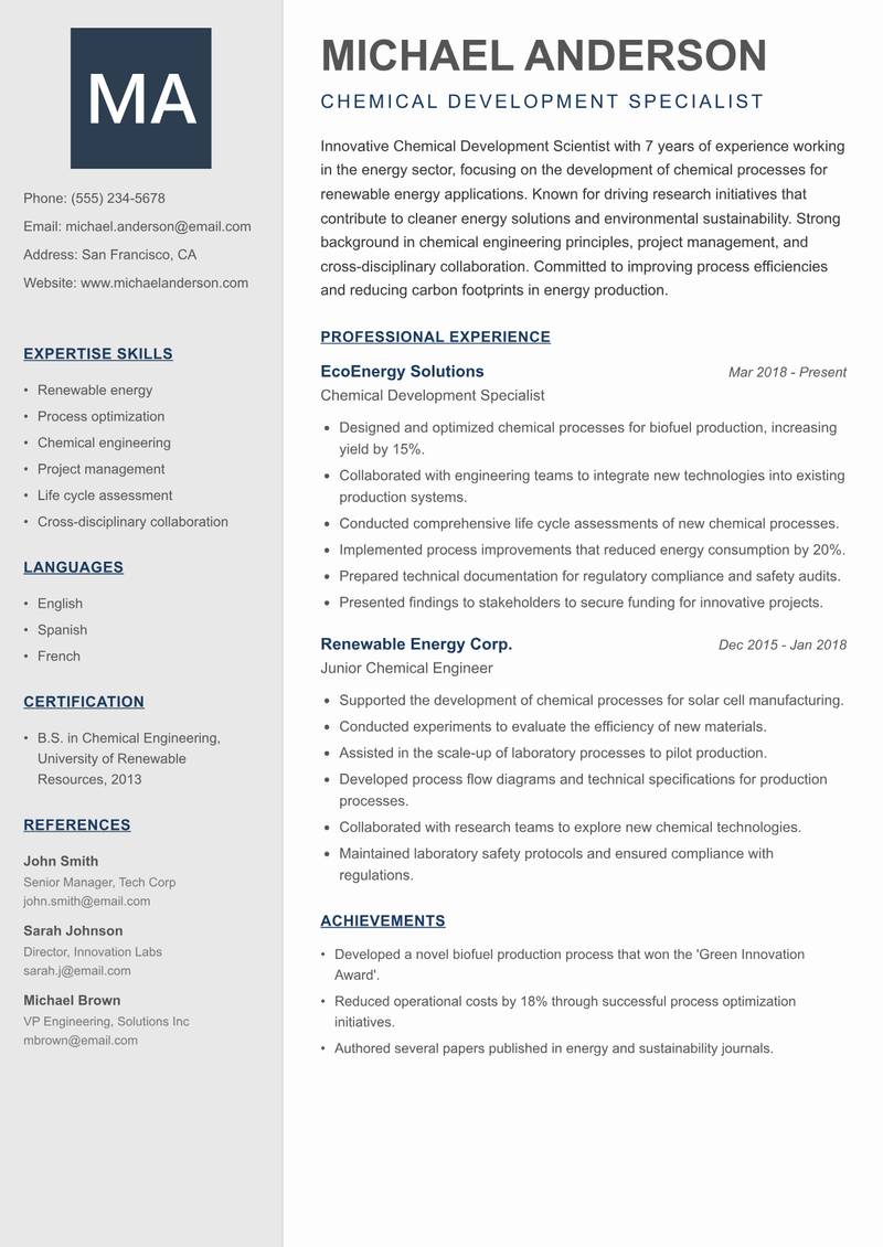 Chemical Development Scientist resume template — Creative Minimal