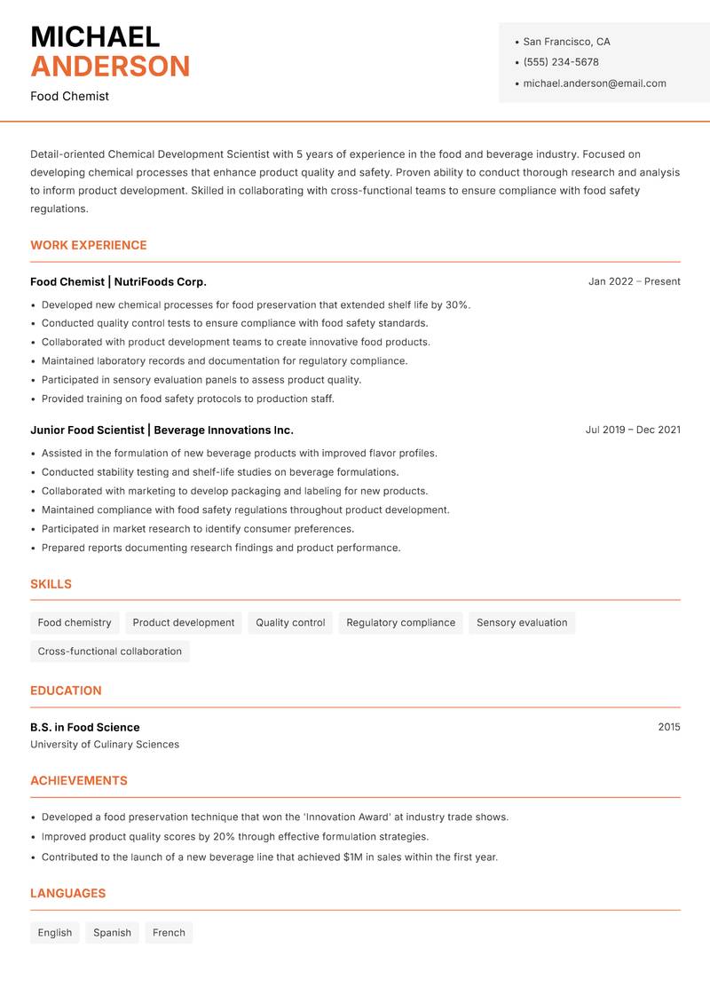 Chemical Development Scientist resume template — Modern Professional