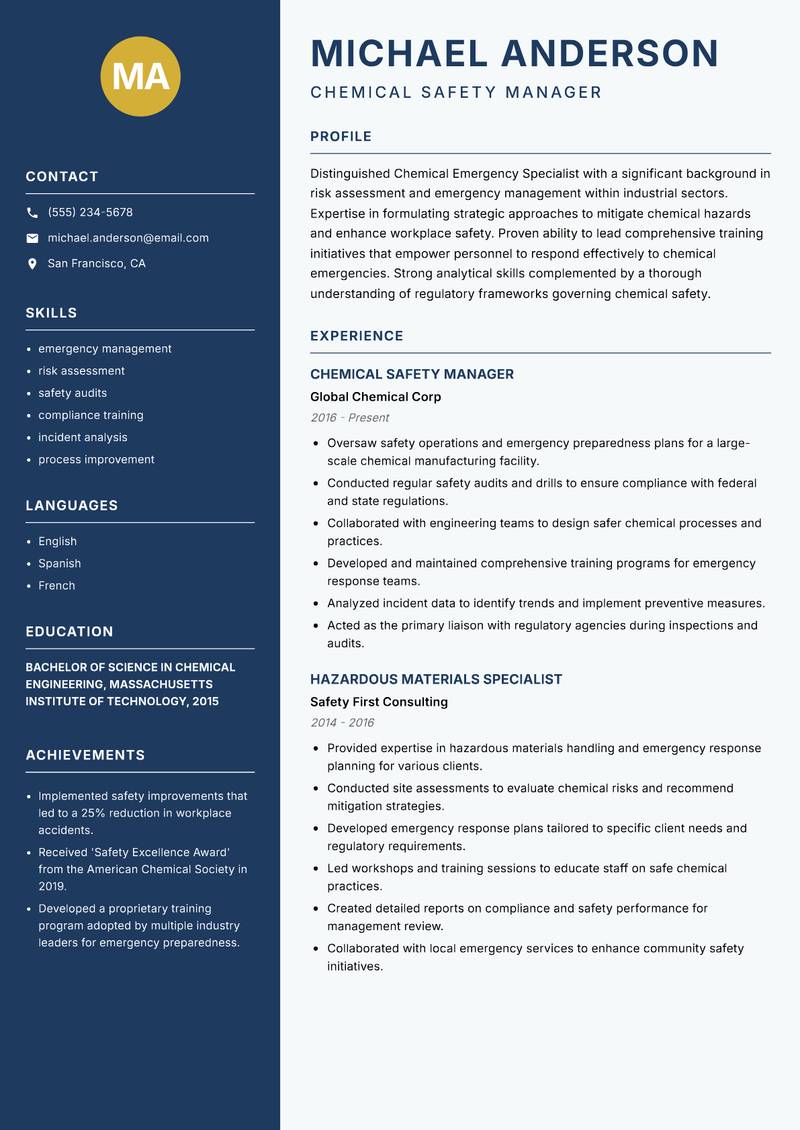 Chemical Emergency Specialist resume template — Classic Clean