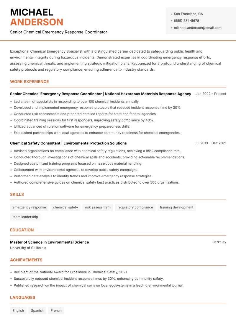 Chemical Emergency Specialist resume template — Modern Professional