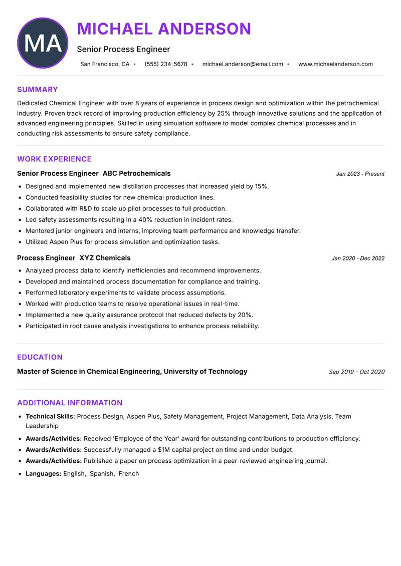 Chemical Engineer resume example — ATS-friendly template