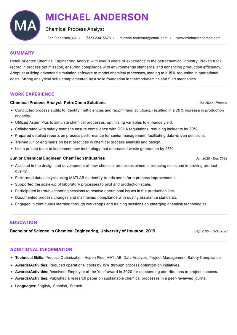 Chemical Engineering Analyst resume example — ATS-friendly template
