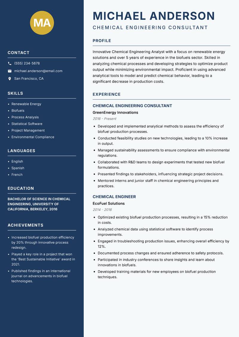 Chemical Engineering Analyst resume template — Classic Clean