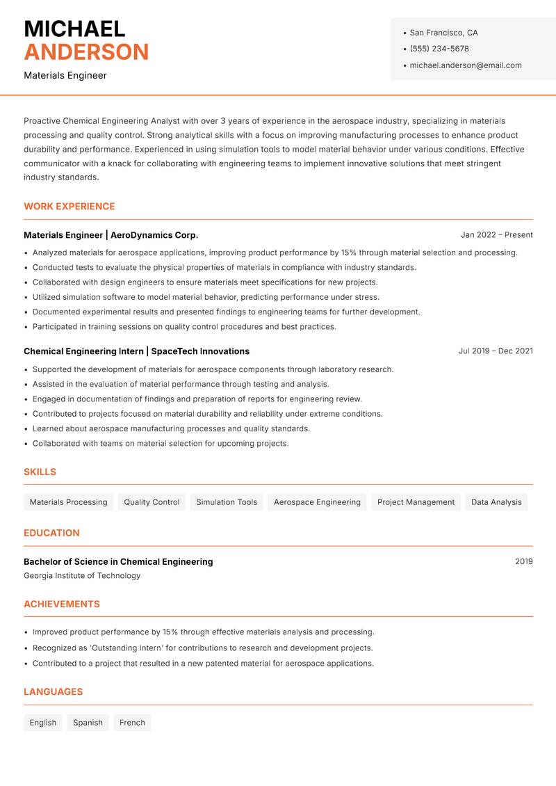 Chemical Engineering Analyst resume template — Modern Professional