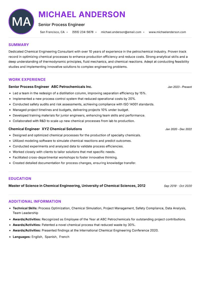Chemical Engineering Consultant resume example — ATS-friendly template