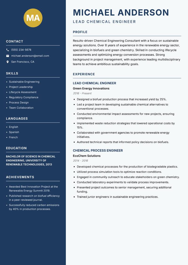 Chemical Engineering Consultant resume template — Classic Clean