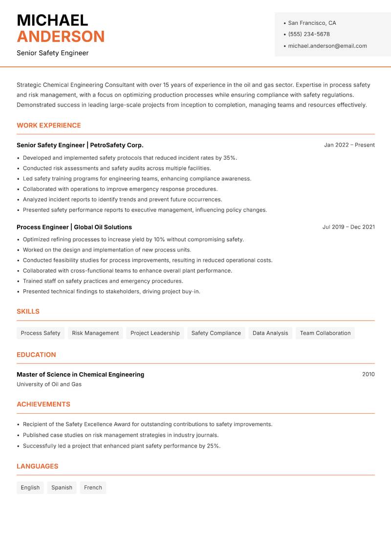 Chemical Engineering Consultant resume template — Modern Professional