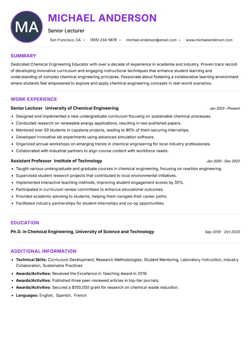 Chemical Engineering Educator resume example — ATS-friendly template