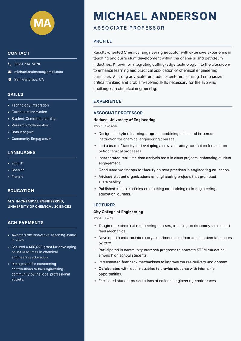 Chemical Engineering Educator resume template — Classic Clean