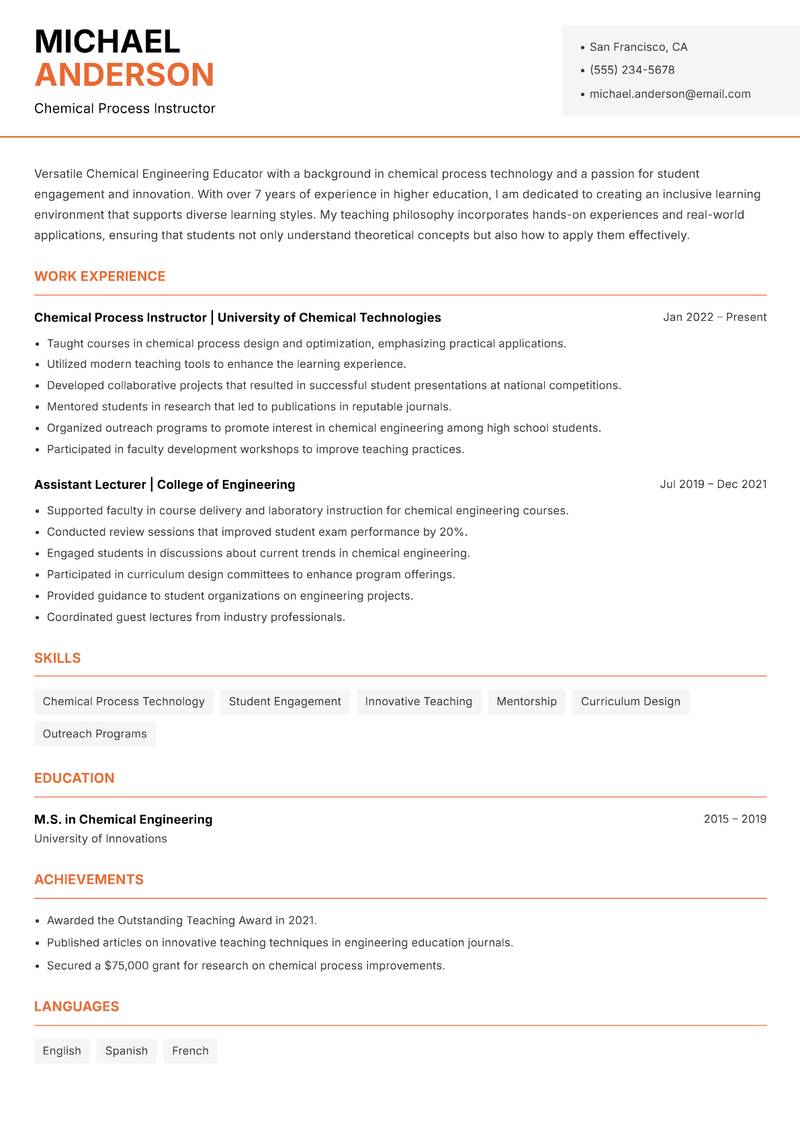 Chemical Engineering Educator resume template — Modern Professional