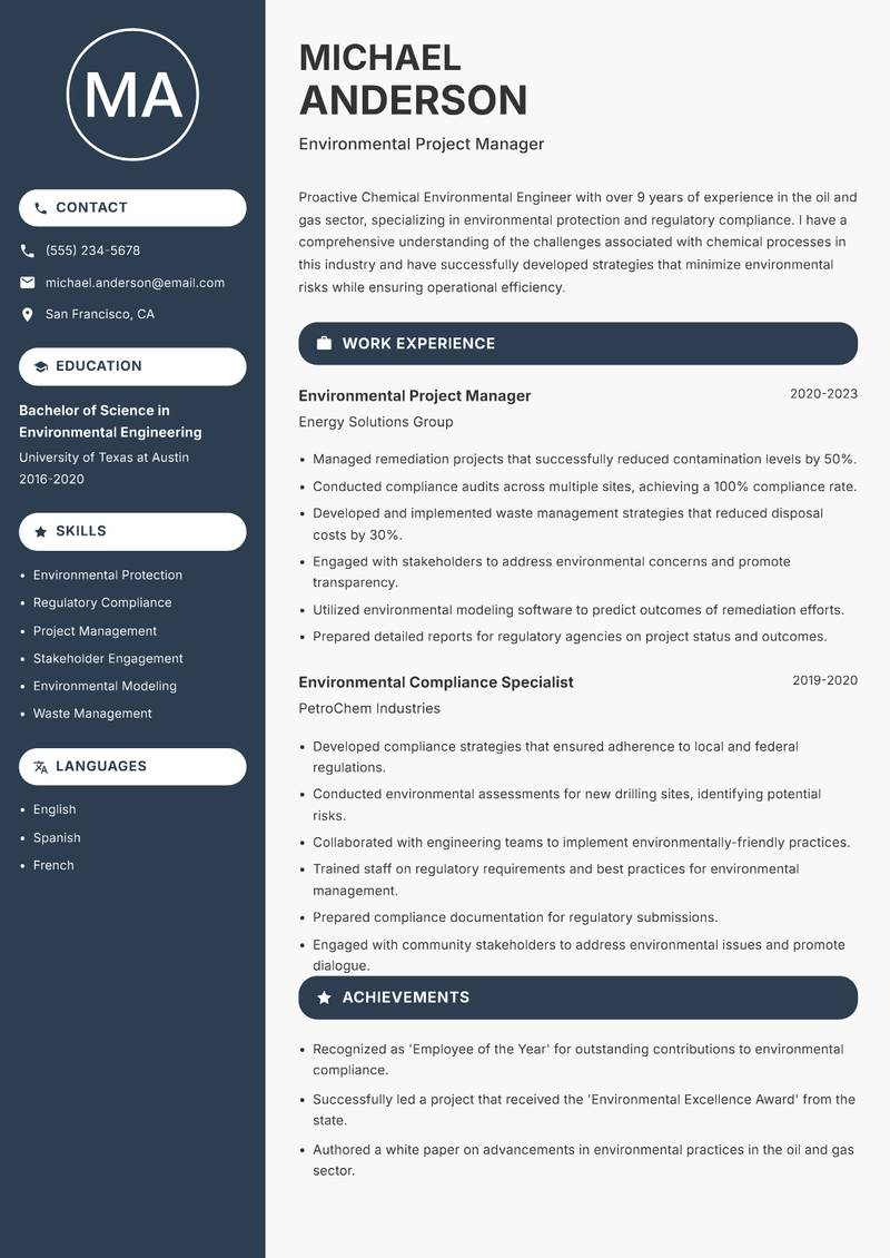 Chemical Environmental Engineer resume template — Compact