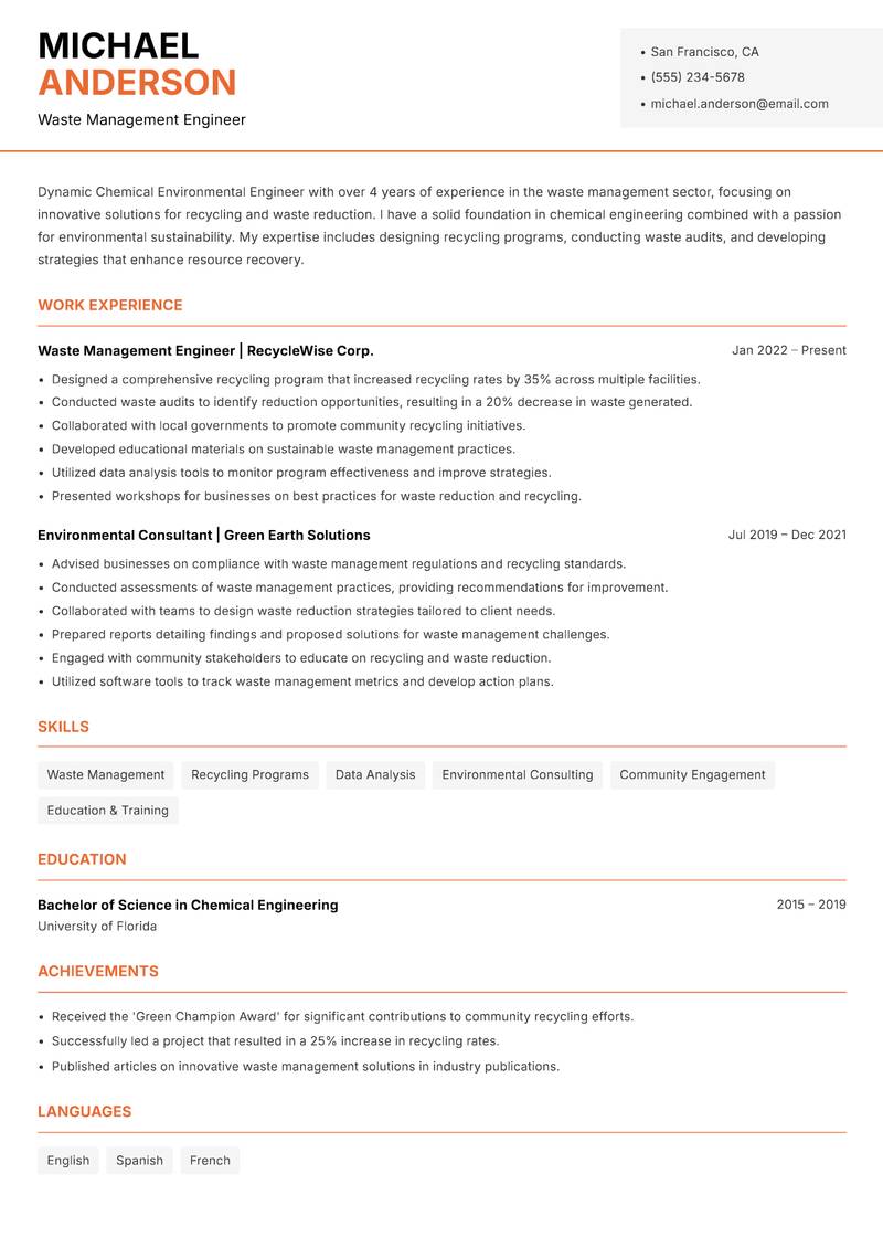 Chemical Environmental Engineer resume template — Modern Professional