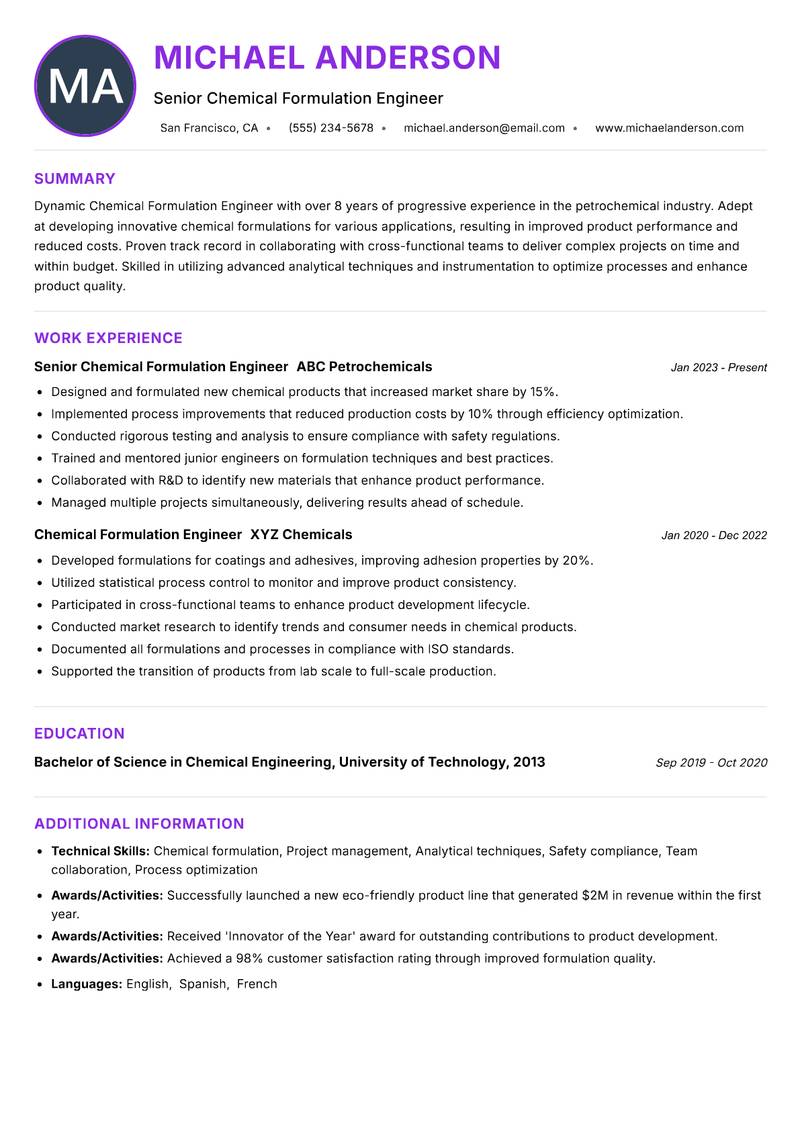 Chemical Formulation Engineer resume example — ATS-friendly template