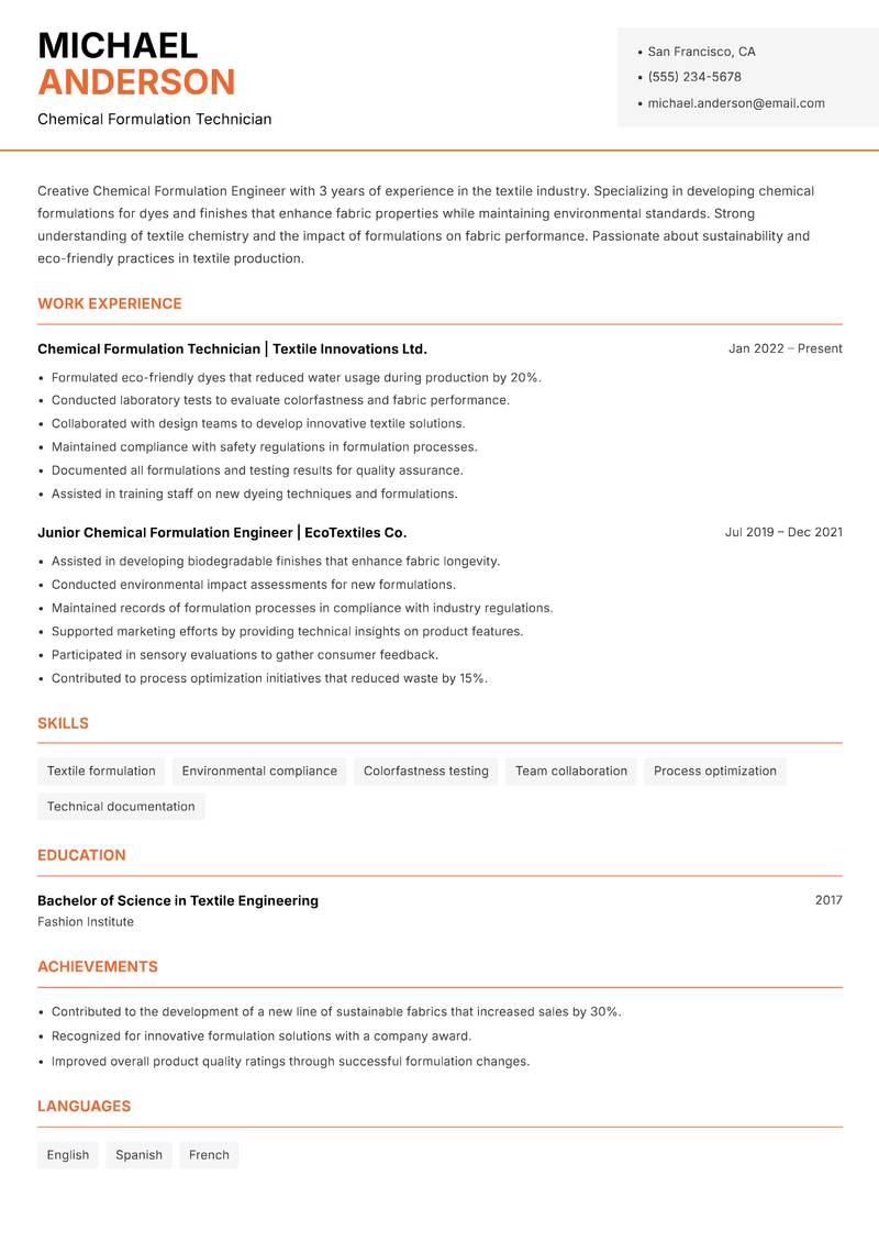 Chemical Formulation Engineer resume template — Modern Professional