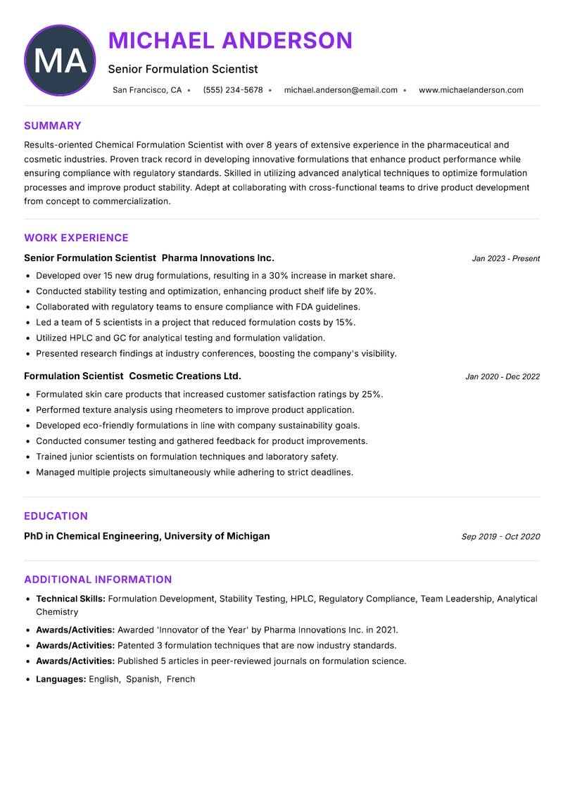 Chemical Formulation Scientist resume example — ATS-friendly template