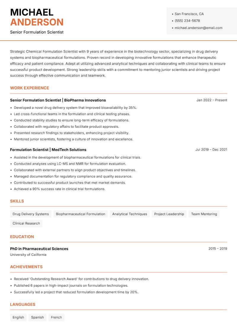 Chemical Formulation Scientist resume template — Modern Professional