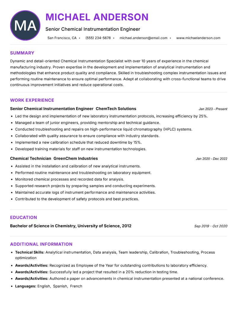 Chemical Instrumentation Specialist resume example — ATS-friendly template