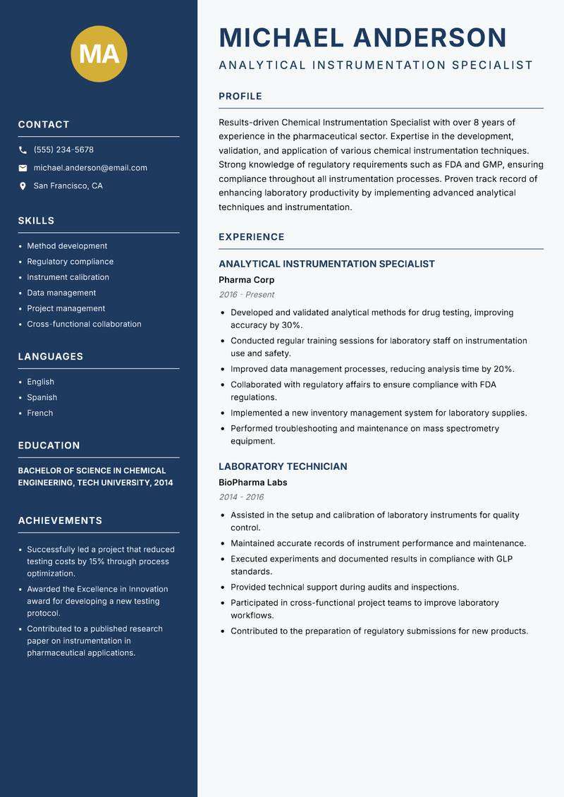 Chemical Instrumentation Specialist resume template — Classic Clean