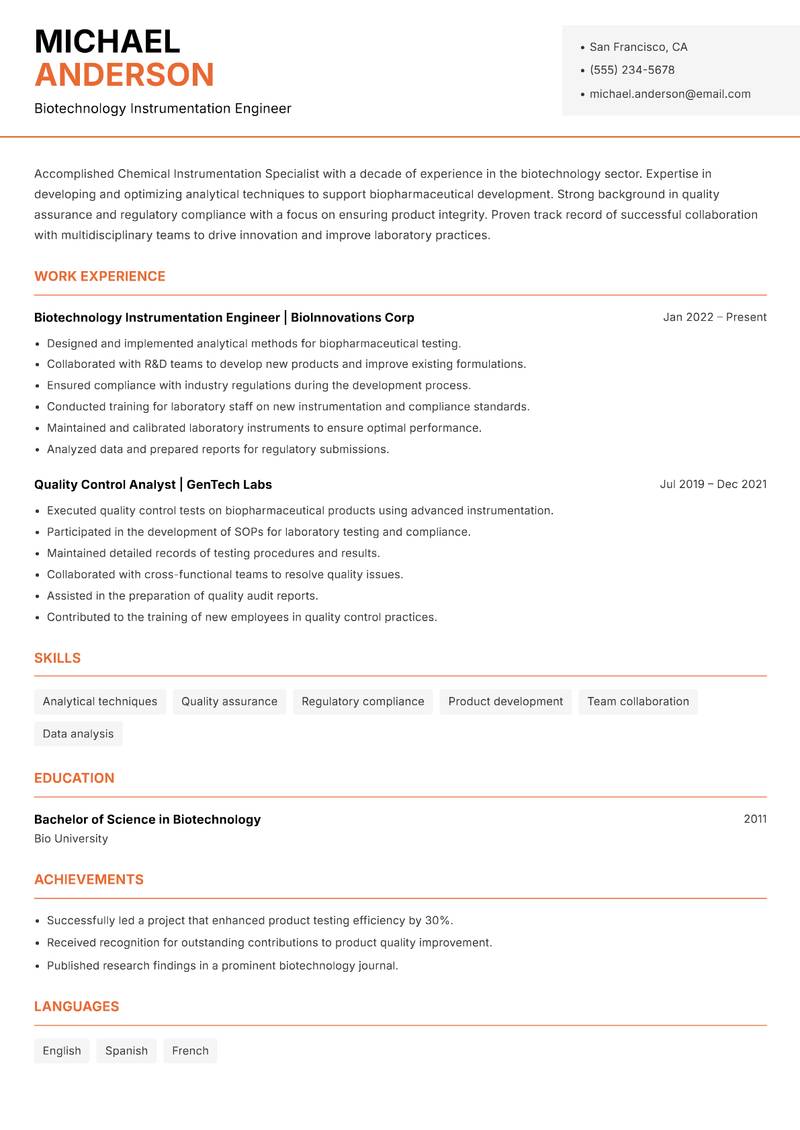 Chemical Instrumentation Specialist resume template — Modern Professional