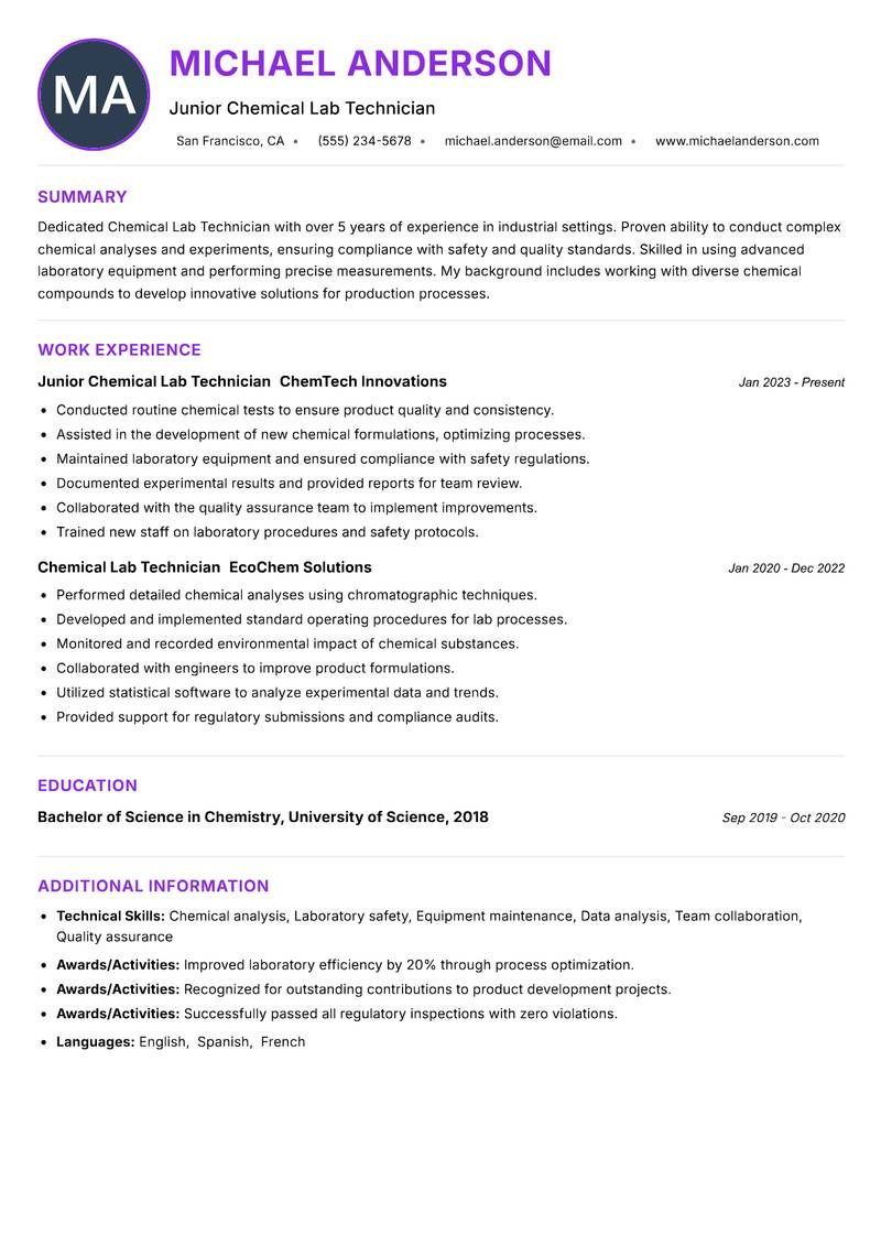 Chemical Lab Technician resume example — ATS-friendly template