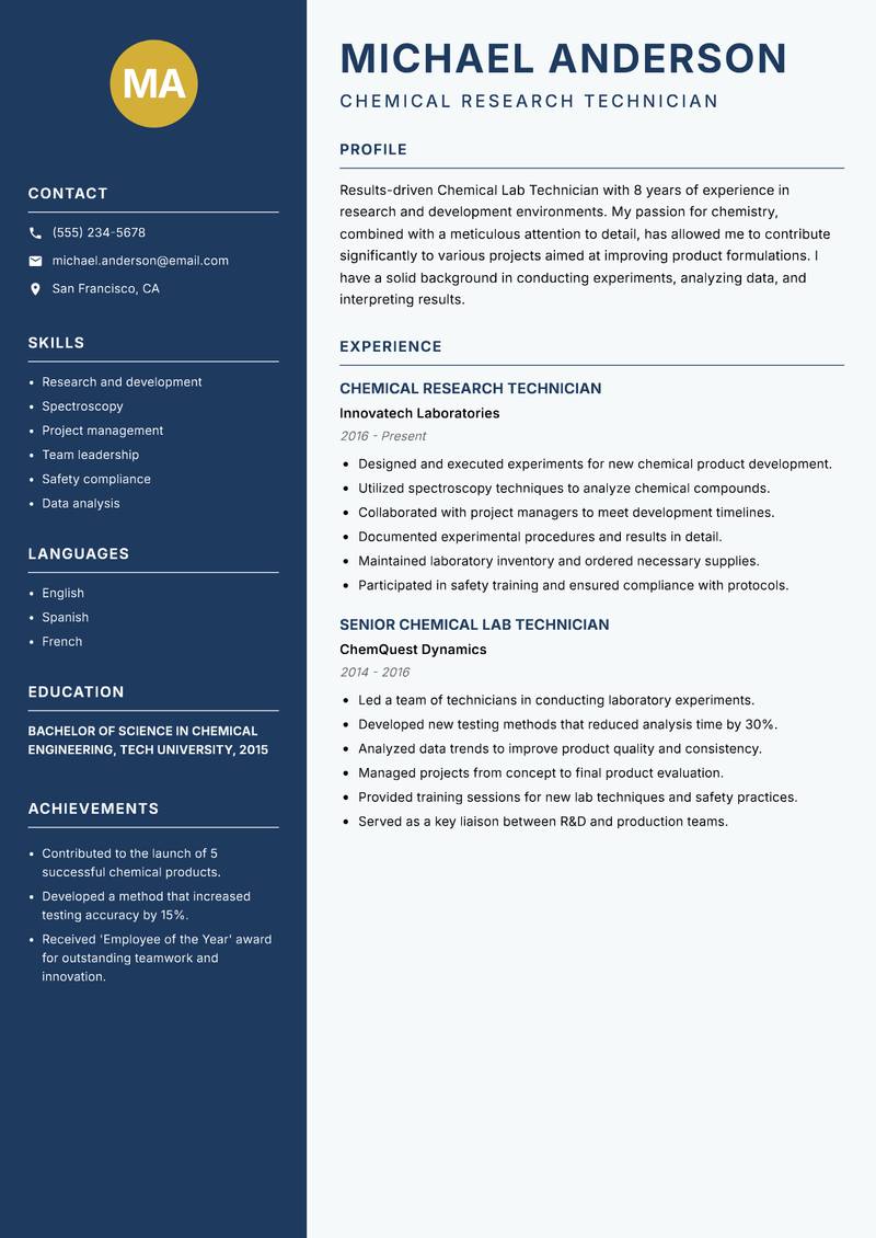 Chemical Lab Technician resume template — Classic Clean