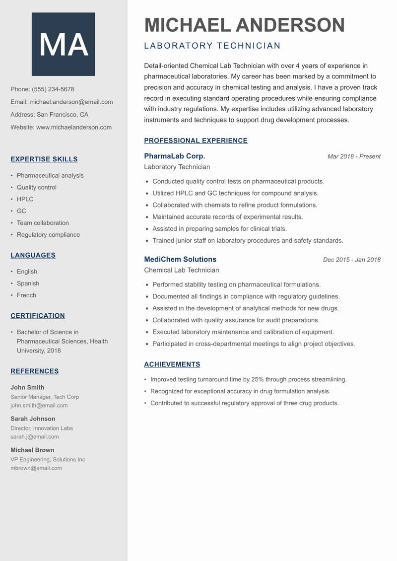 Chemical Lab Technician resume template — Creative Minimal