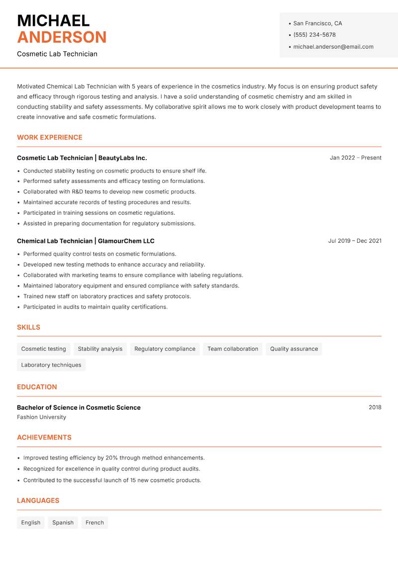 Chemical Lab Technician resume template — Modern Professional