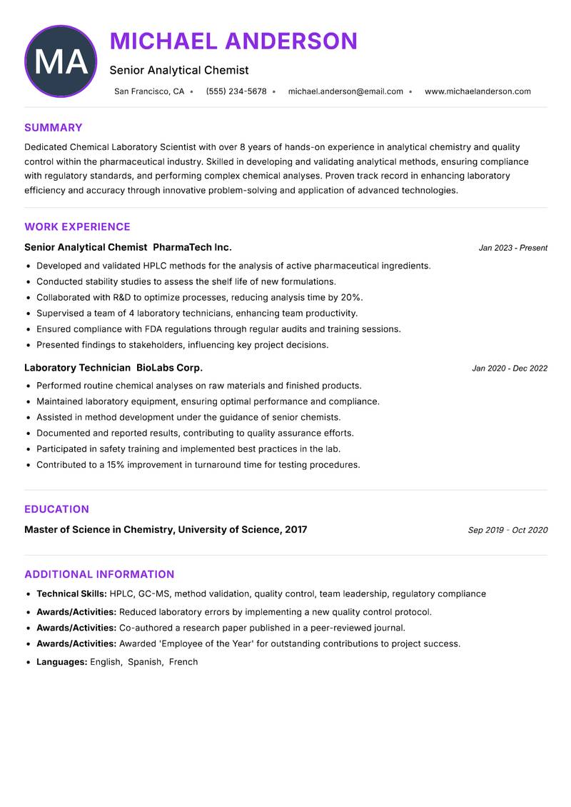 Chemical Laboratory Scientist resume example — ATS-friendly template