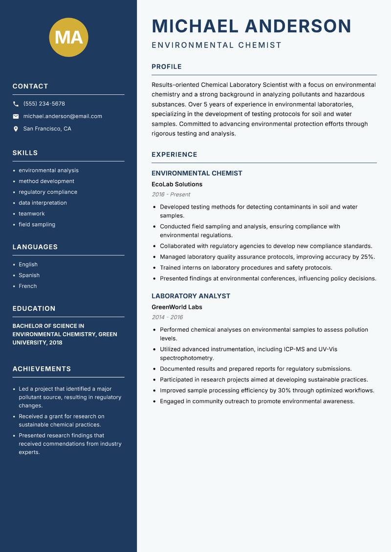 Chemical Laboratory Scientist resume template — Classic Clean