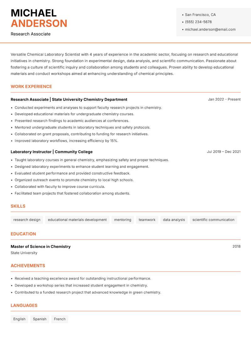 Chemical Laboratory Scientist resume template — Modern Professional