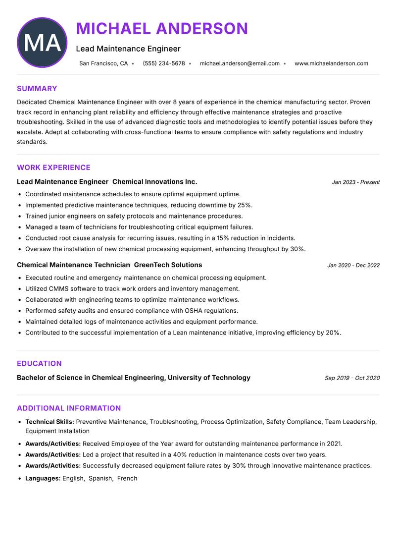 Chemical Maintenance Engineer resume example — ATS-friendly template
