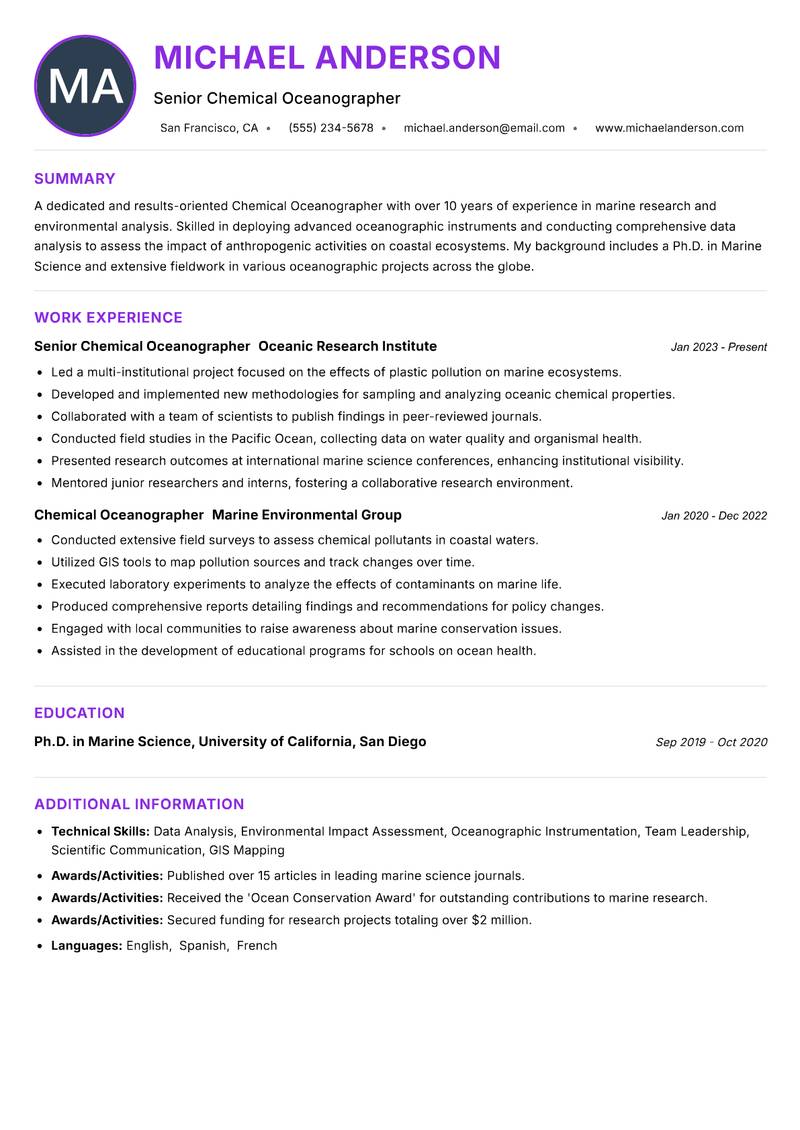 Chemical Oceanographer resume example — ATS-friendly template